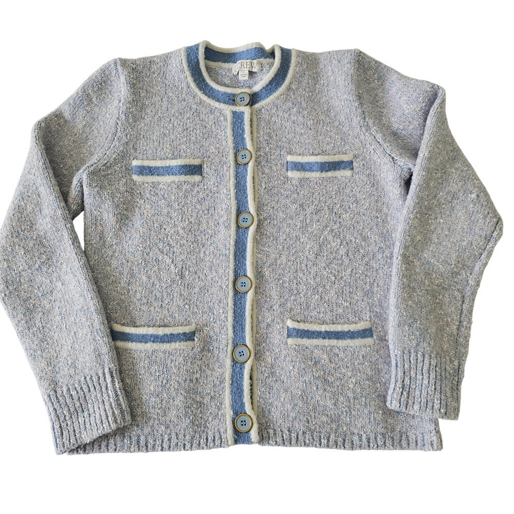 J‎ Crew Reimagined Tweed Knit Cardigan Blue Cream Button Front Pockets Size S - Picture 2 of 11